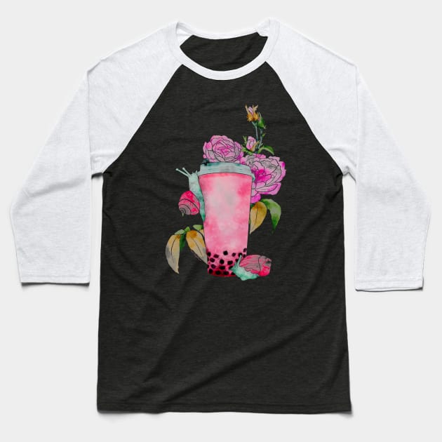 Slow Boba Strawberry Milk Tea Modern Watercolor Baseball T-Shirt by venglehart